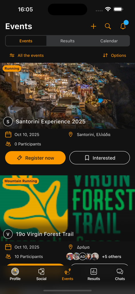 AthletesWeR mobile app events screen displaying running and trail race listings with registration options