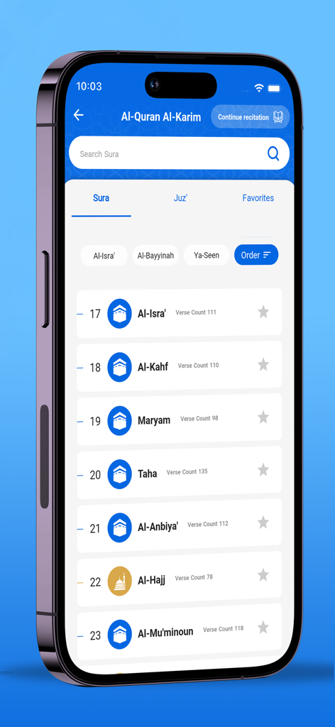 Interfaz principal de la aplicación Al-Quran Al-Karim que muestra una lista de capítulos coránicos como Al-Kahf y Maryam