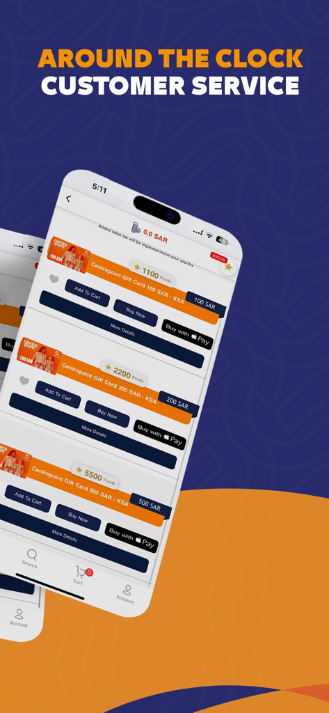 Interface de l'application LikeCard montrant les cartes cadeaux d'Arabie Saoudite et la bannière du service client 24h/24 et 7j/7