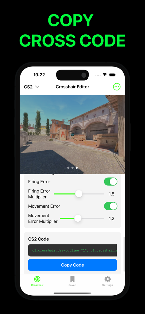 Custom Crosshair - Aimzone - Mobile app screen showing the crosshair editor and a copy code button for FPS games