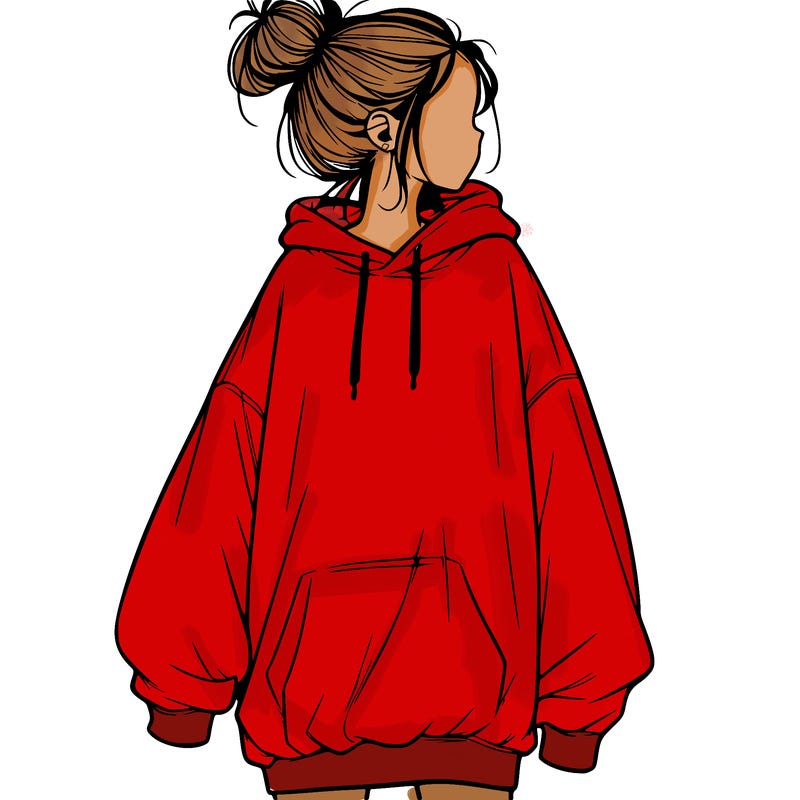 realistic girl with a oversized sweatshirt on and a bun