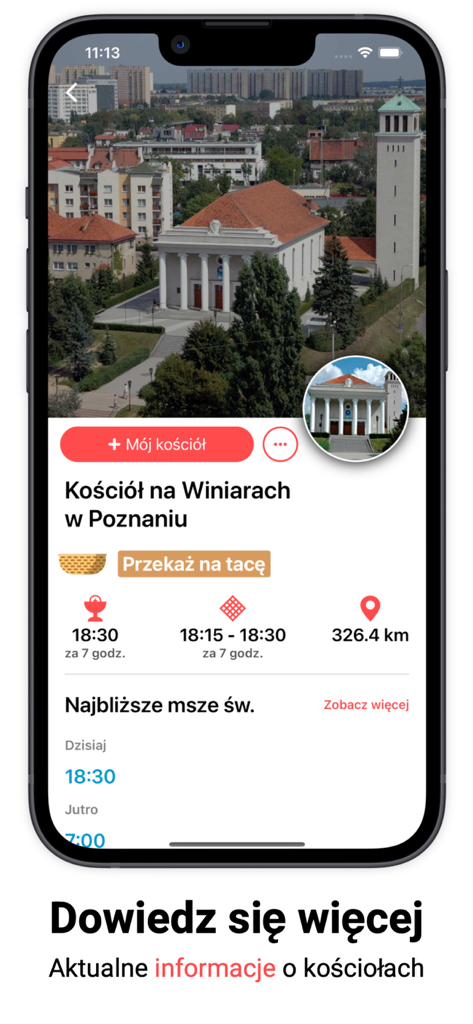 Drogowskaz - A mobile app interface displaying mass times and location details for a Polish church.