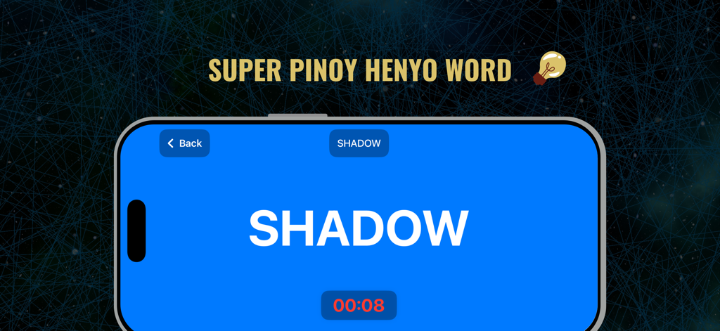 Henyo Word Game gameplay interface showing the Super Pinoy Henyo mode with the word Shadow and a timer