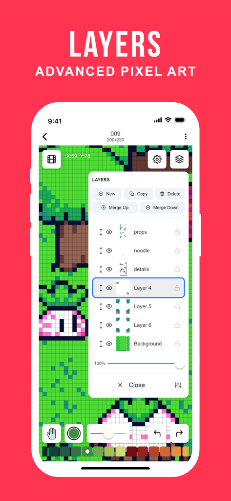 Pixilart - Pixilart app interface showing advanced drawing layers for a pixel art creation