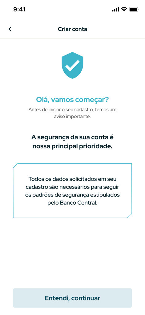 포르투갈어로 보안 알림 및 계정 생성 옵션을 보여주는 빌렐라 페이 앱 등록 화면