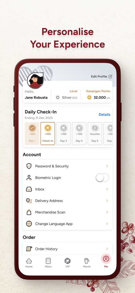 Kopi Kenangan Indonesia - Kopi Kenangan app user profile showing membership level and loyalty points