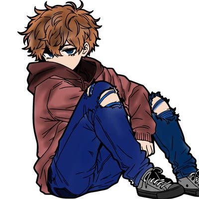 a male hoddie ripped jeans messy hair anime