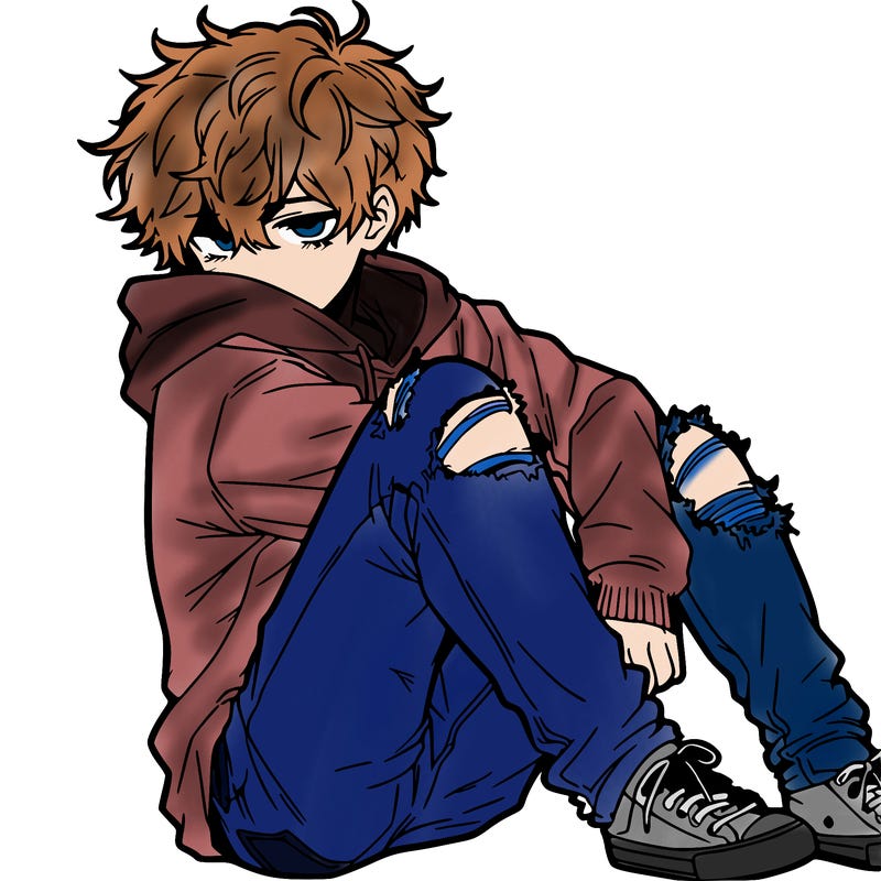 a male hoddie ripped jeans messy hair anime