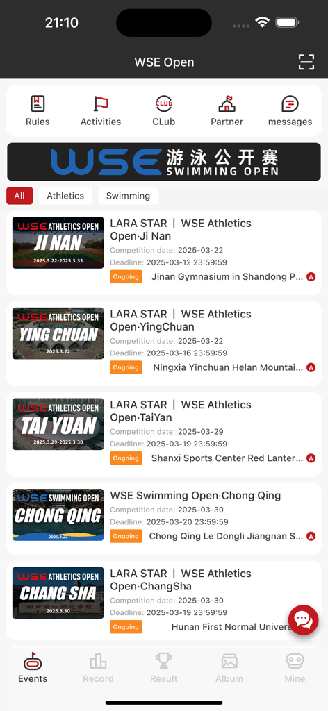 WSE Open - WSE Open app interface showing a list of athletics and swimming competitions