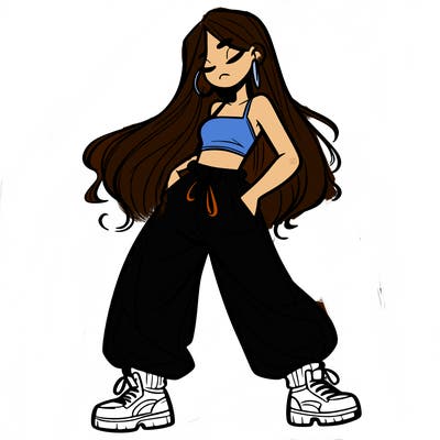 girl in baggy pants crop top and long hair