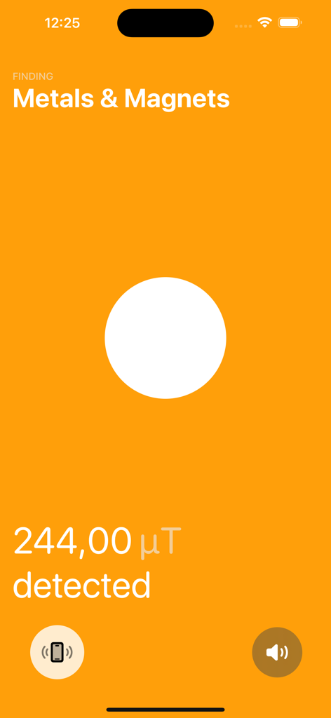 Magnetometer app interface displaying detected magnetic field strength in microtesla