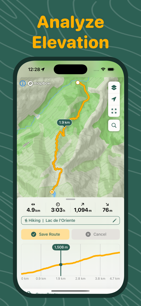 Loop Maps My Run Route Planner - Loop Maps app screen displaying a hiking route elevation profile and topographic map data