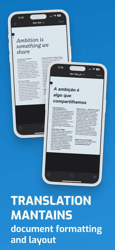 Two iPhones showing a PDF translated from English to Portuguese while maintaining the original document formatting and layout