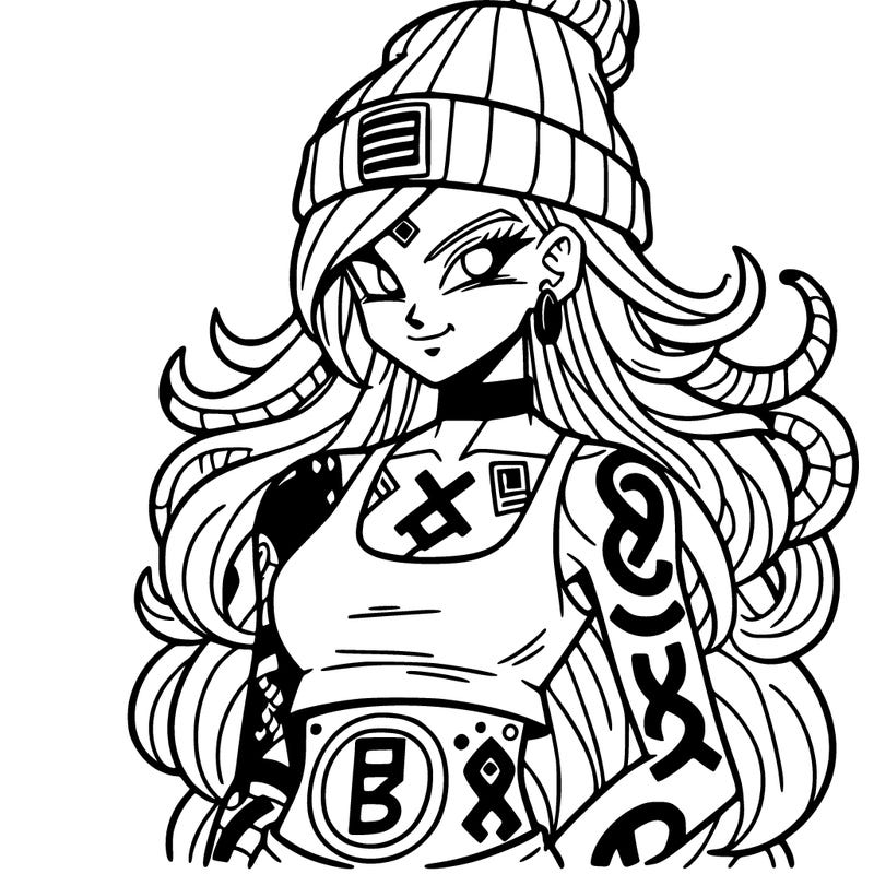 dbz anime beautiful punk woman with long snake hair wearing a beanie, rune symbol tattoos all over body