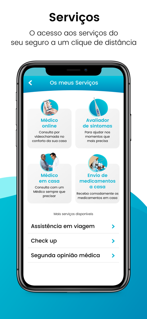 Menú de la aplicación myAdvanceCare que muestra servicios médicos, incluyendo médico en línea y verificador de síntomas
