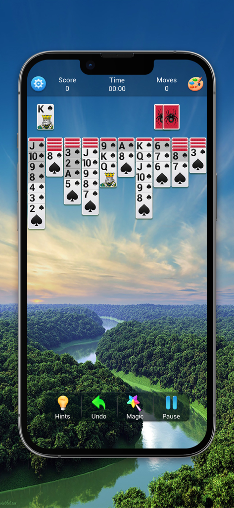 Spider Solitaire mobile game interface featuring a classic card layout over a scenic river and forest background
