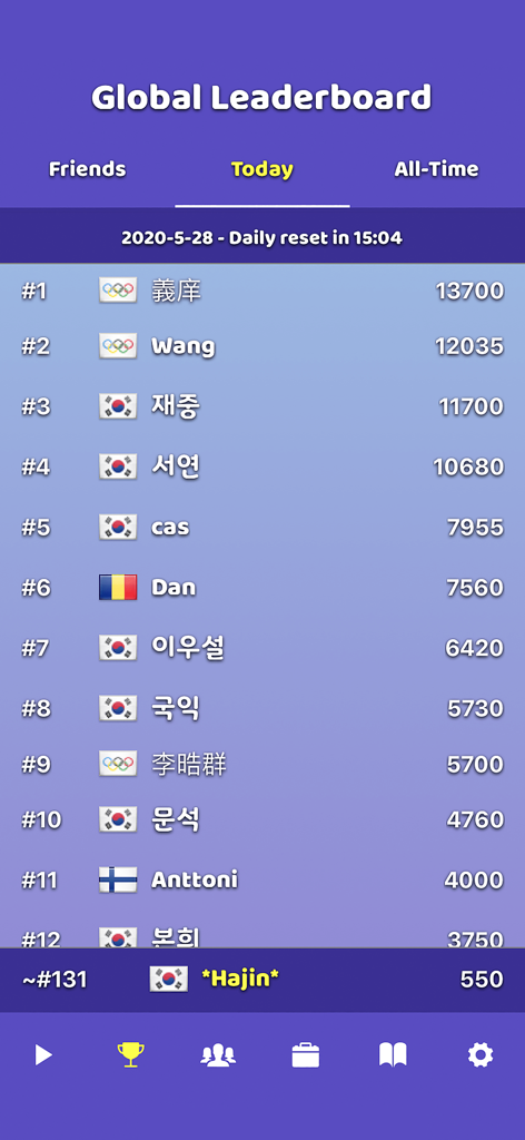 BadukPop Go - Global leaderboard screen of the BadukPop Go app showing daily rankings and player scores