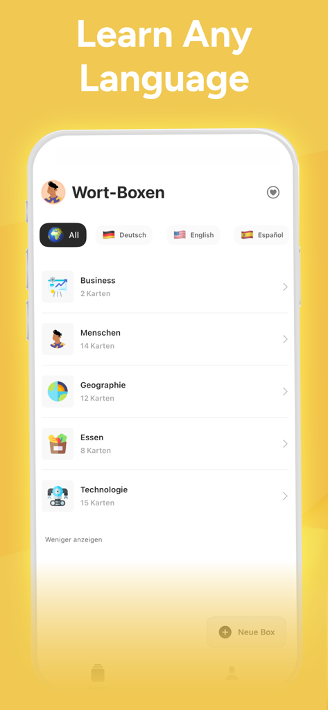 Vocabulary Builder Learn words - Interfaz de aplicación móvil que muestra categorías de tarjetas para diferentes idiomas, incluyendo temas de negocios y tecnología