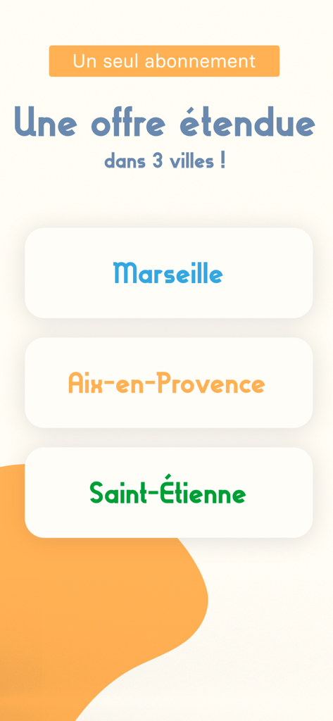 Tela do aplicativo Carte Compass mostrando disponibilidade de descontos em Marselha, Aix-en-Provence e Saint-Etienne sob uma única assinatura.