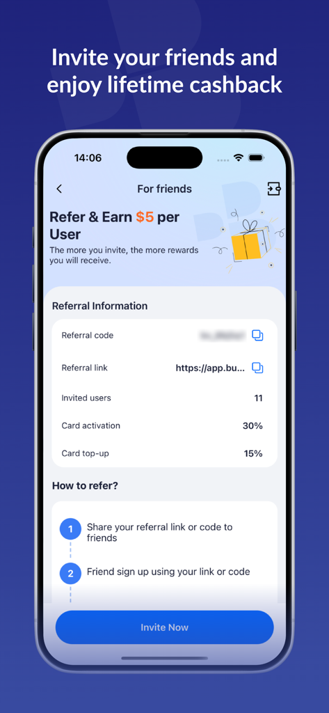 Buvei app screen for referral rewards program showing how to earn five dollars per invited user.