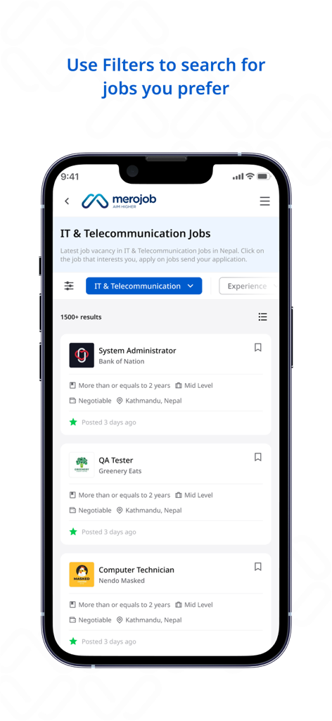 Merojob.com - Interface of Merojob app showing a list of IT and Telecommunication job vacancies in Nepal