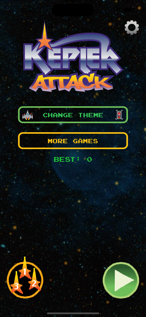 Kepler Attack - Watch Game - Main menu of Kepler Attack mobile game with retro sci-fi logo and starry space background