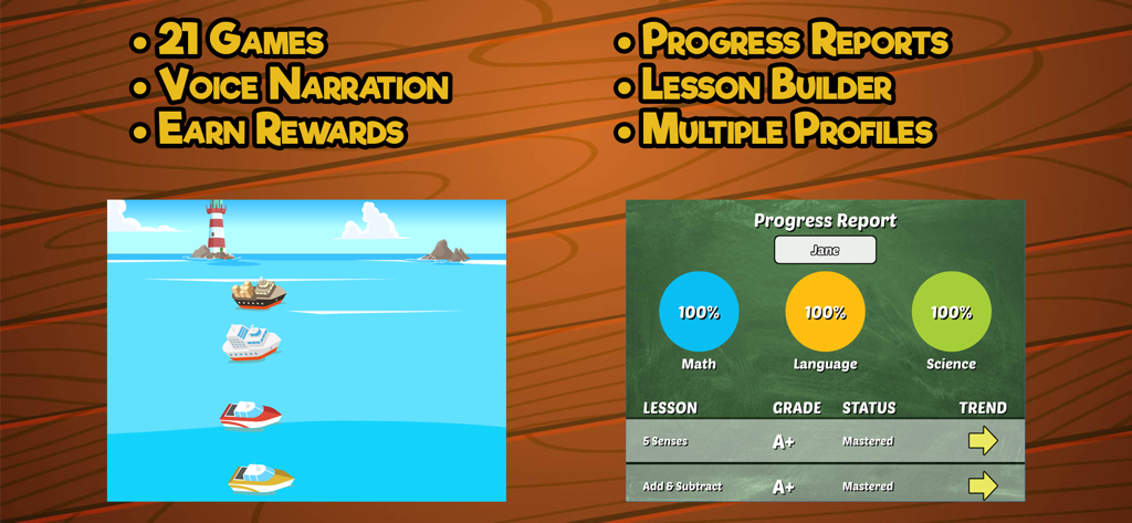 First Grade Learning Games - Interface of First Grade Learning Games showing a progress report and gameplay features