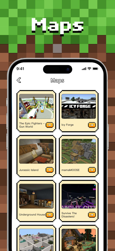 MCMods & Addons for MCPEOL - Interface de aplicativo móvel mostrando uma variedade de mapas personalizados do Minecraft disponíveis para download