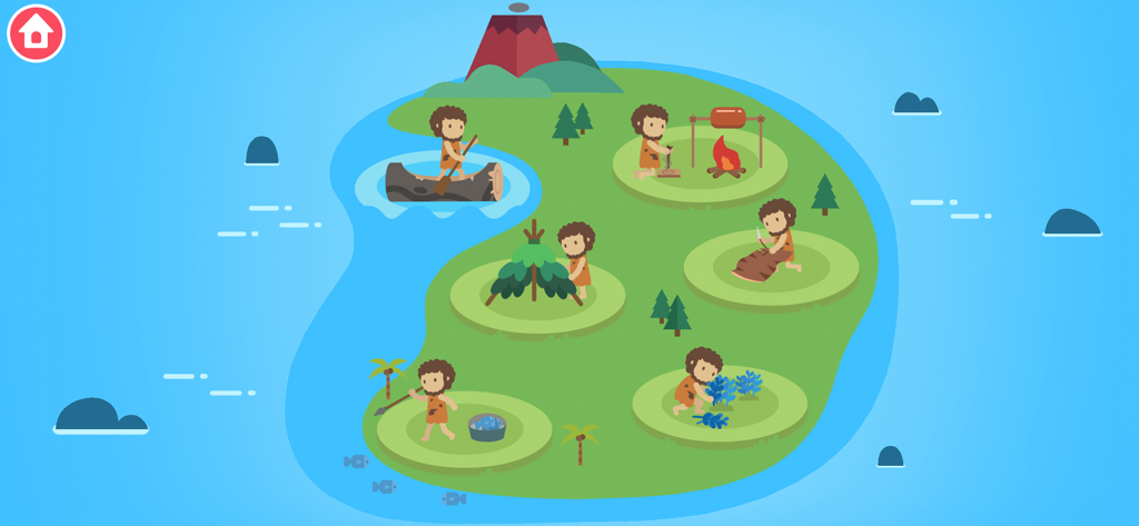Dinosaur Time Machine Games - Cartoon cavemen performing various survival skills like fishing and building shelters on a prehistoric island map.