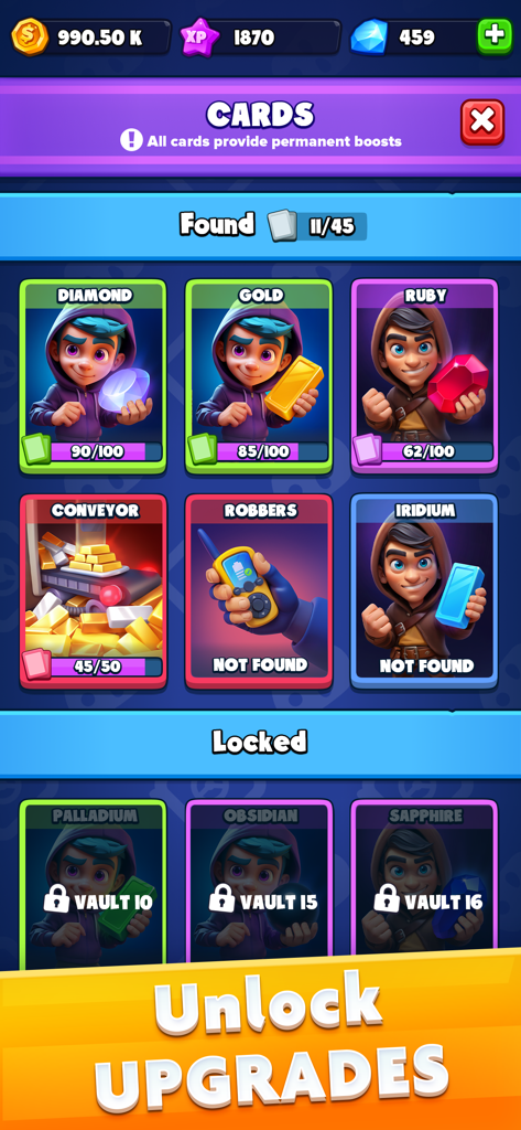 Merge Robbers: Idle Mining - Pantalla de colección de cartas en Merge Robbers que muestra potenciadores permanentes y mejoras de personajes