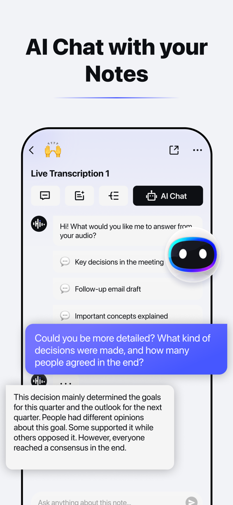HiNoter - Al Note Taker - Aplicación móvil HiNoter mostrando un chat de IA resumiendo las decisiones de la reunión y notas de transcripción