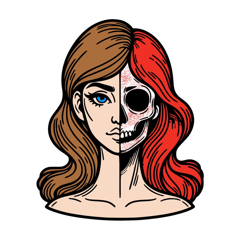 bust of a woman, half face and hair, half skull