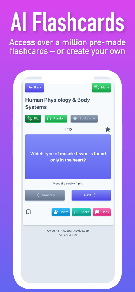 Pantalla de la aplicación móvil Ovido mostrando una flashcard interactiva de IA para un conjunto de estudio de fisiología humana