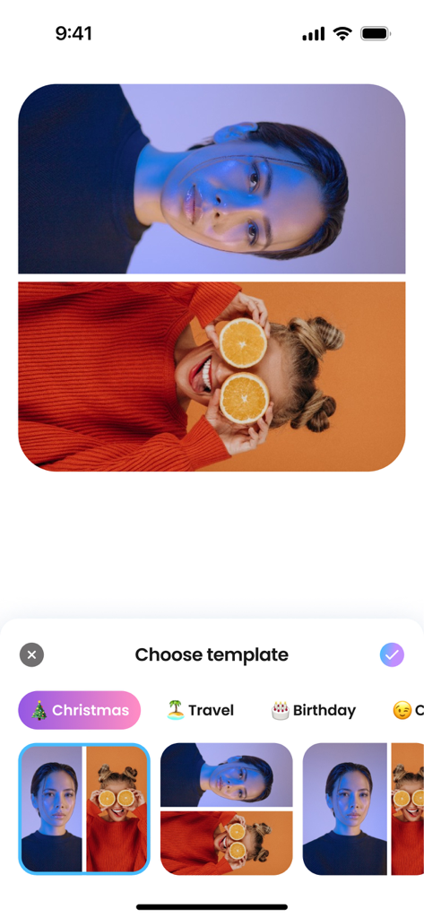 iPhone screenshot showing a selection menu for photo collage templates with split screen and grid layout options