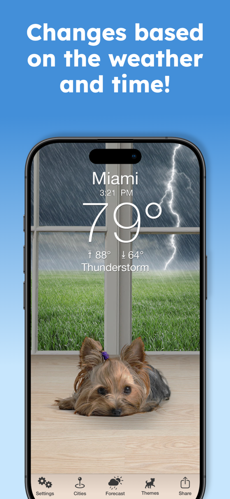 Weather Puppy Forecast + Radar - Weather Puppy app displaying a thunderstorm in Miami with a cute puppy on the screen.