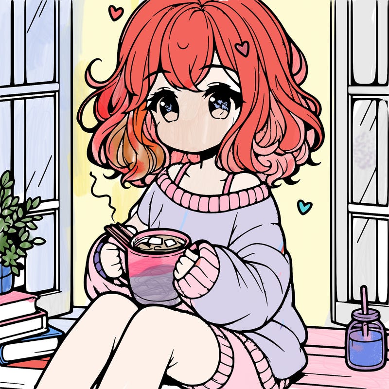 cute anime girl reading book and drinking hot chocolate from mug with loose wavy hair wearing a baggy sweatshirt and shorts sitting by windowsill looking out