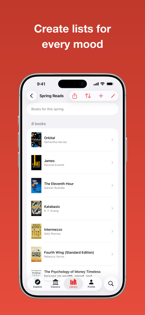 Must Read – The Book Tracker - iPhone screenshot of the Must Read app showing a custom book list titled Spring Reads with a collection of curated titles.