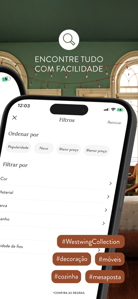 Écran de l'application mobile Westwing montrant les filtres de recherche et les options de tri pour les meubles et la décoration d'intérieur.