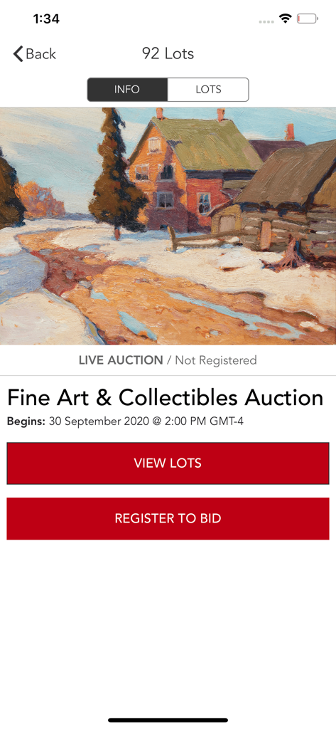 Cowley Abbott - Cowley Abbott app screen displaying a fine art auction with buttons to view lots and register to bid.