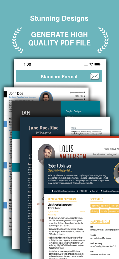 Uma coleção de modelos de currículo profissionais e modernos disponíveis no aplicativo criador de CV