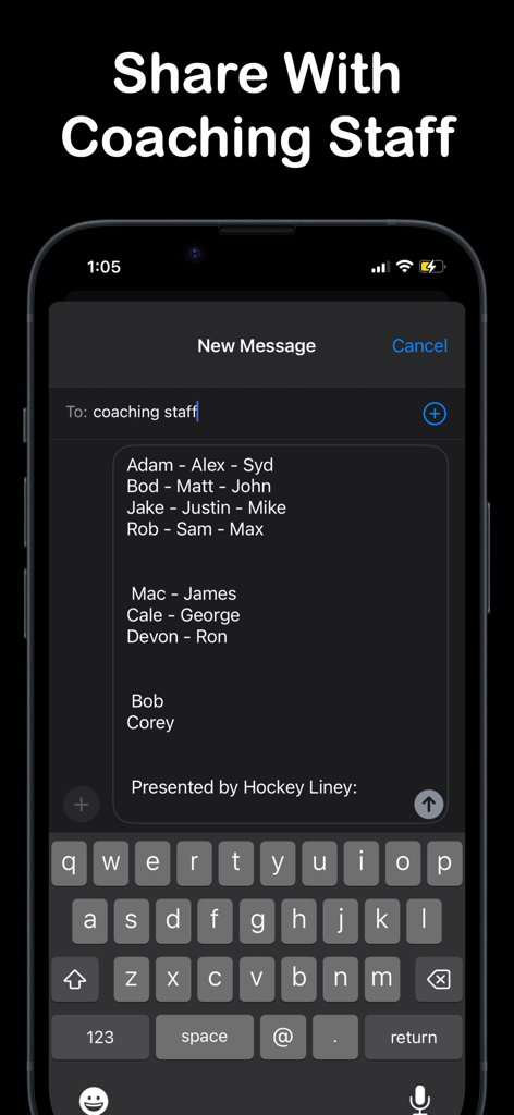 Smartphone screen showing a hockey lineup being shared with coaching staff via text message in the Hockey Liney app.