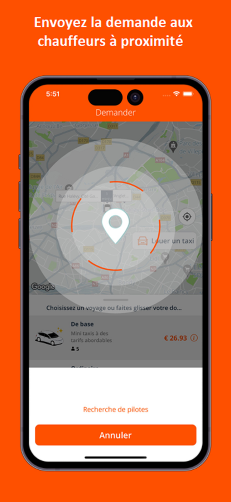 Smartphone displaying the SB Drive app interface with a map and ride booking details.