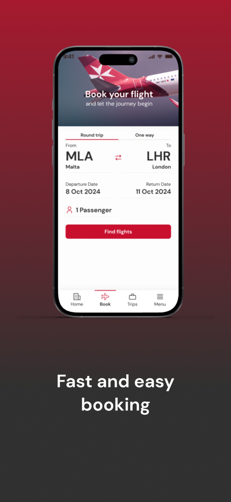 Interfaccia dell'app mobile KM Malta Airlines per la ricerca e la prenotazione di voli