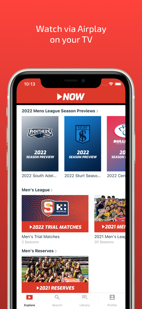 SANFL Now mobile app displaying Australian Rules Football league matches and Airplay support