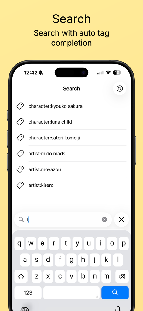 LANreader - Pantalla de búsqueda de LANreader que muestra sugerencias de autocompletado de etiquetas para personajes y artistas