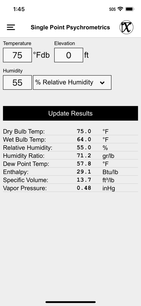 Interface of the Single Point Psychrometrics tool in the Mean HVAC BS Tools app showing air property calculations