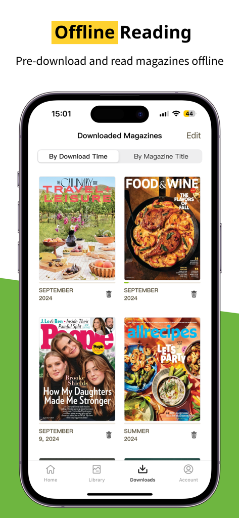 Kono Digital Magazines - Interface of the Kono Digital Magazines app showing a library of downloaded magazines for offline reading