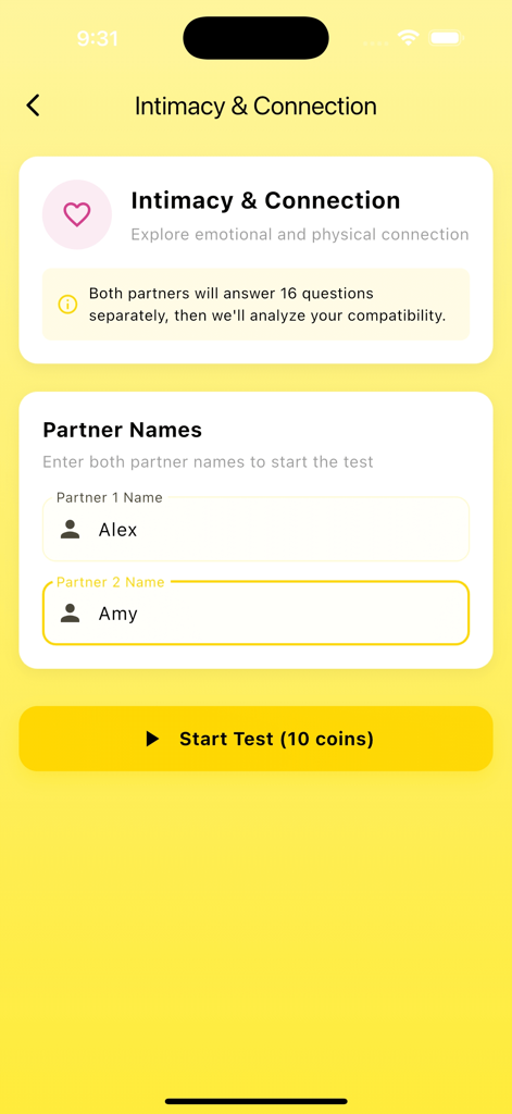 Keno app intimacy and connection compatibility test screen for partner names and 16 question assessment