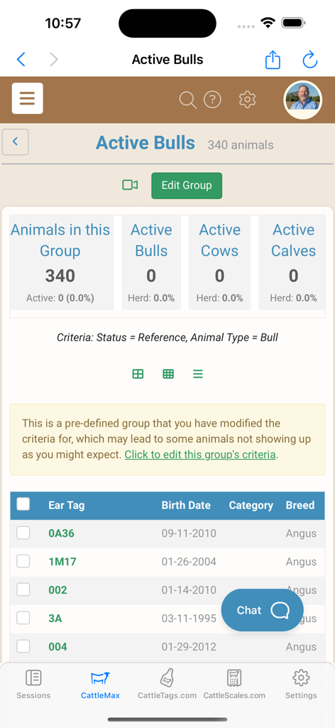 TagMax app screen showing a detailed list of active bulls with ear tags, birth dates, and breed information