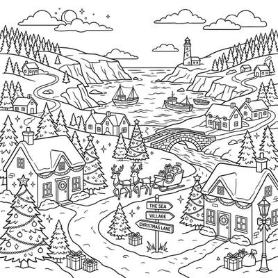 Dive into the holiday spirit with this enchanting Christmas coastal valley coloring page. Immerse yourself in a beautifully detailed scene where seaside charm meets festive cheer, perfect for all ages.
